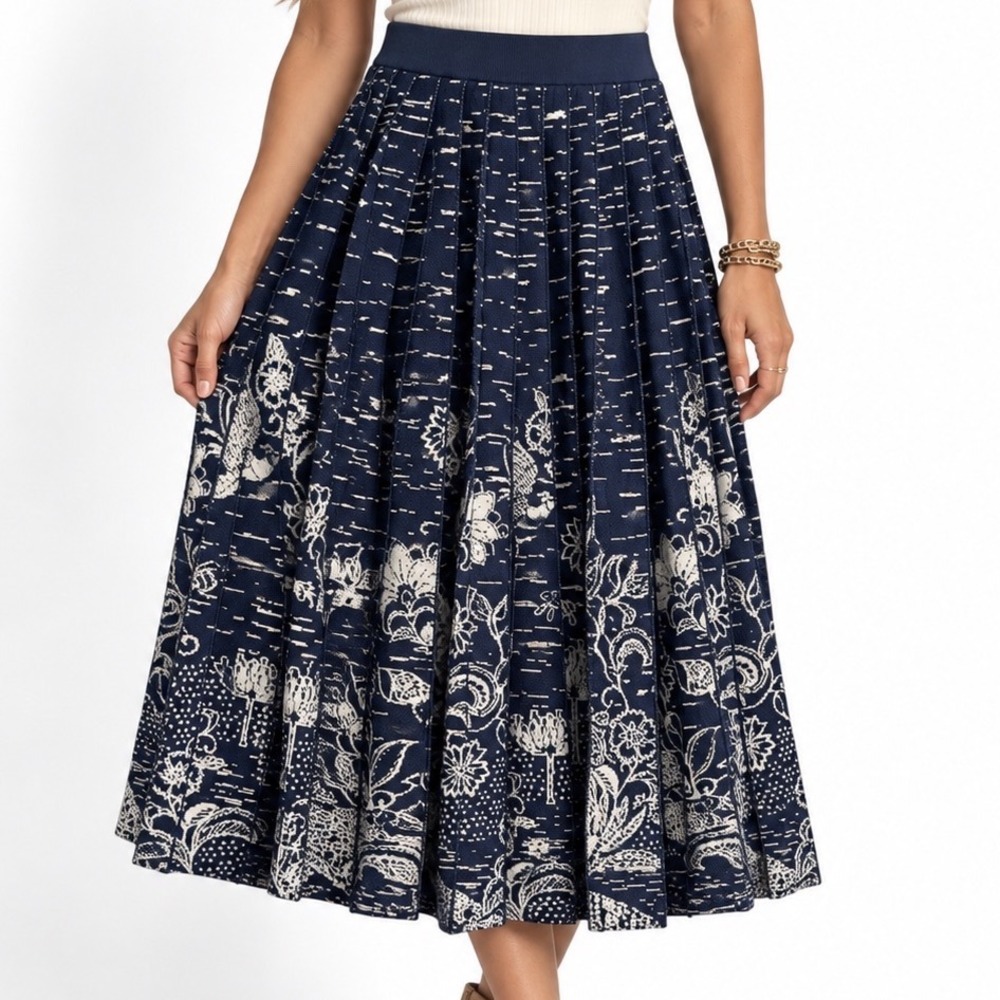 Anthropologie Haven Pleated Knit Midi Skirt Navy Floral Women's M Stretch Artsy